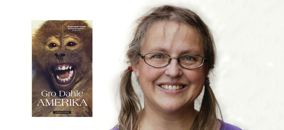 Fotocollage av forfatter Gro Dahle og omslaget til boka hennes "Amerika"