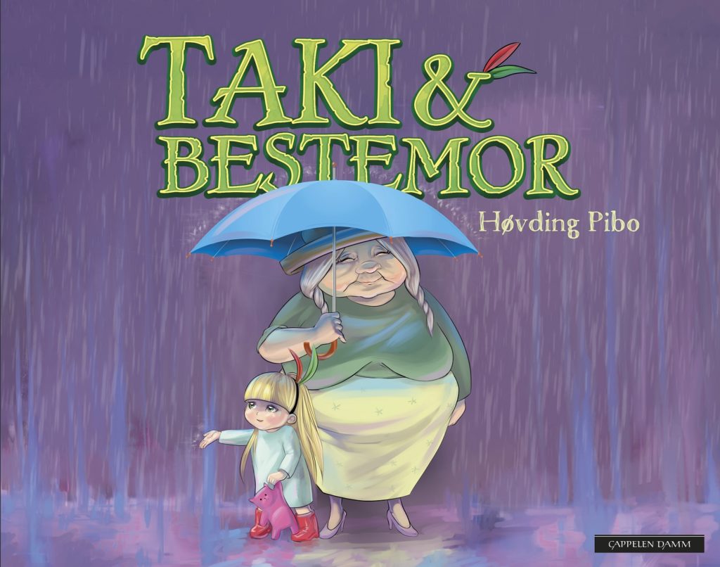 Omslag av boken Taki og Bestemor, viser Taki som står under paraplyen til Bestemor.