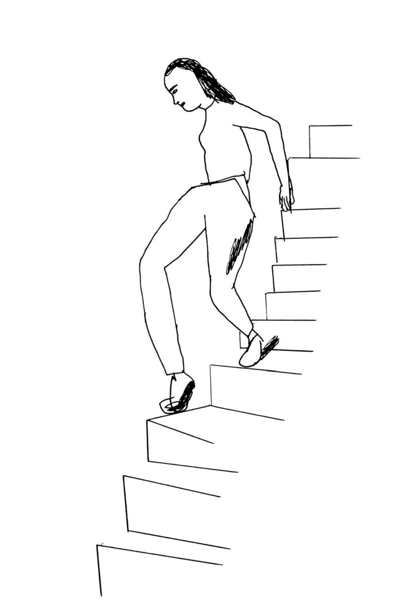 Illustrasjon av Kim Hiorthøy til boka Helvete. Viser en kvinne på vei ned en trapp