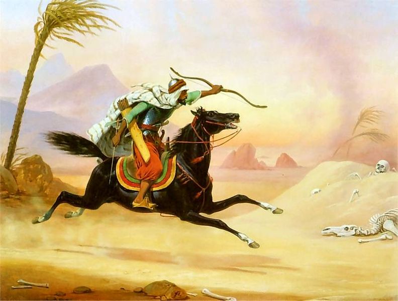 Maleri av en mann som rir på en Araberhest i ørkenen