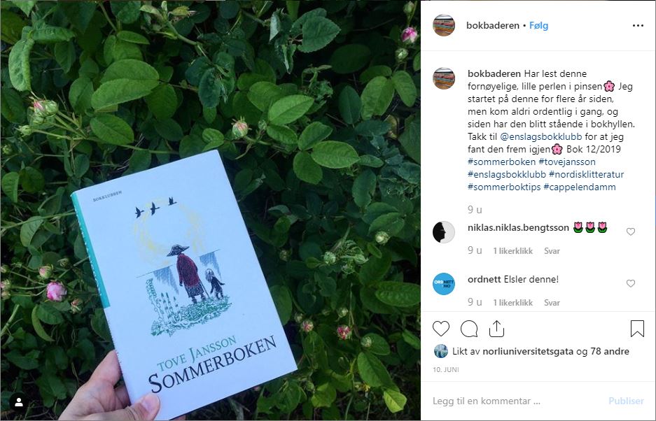 Skjermdump av post på Instagram om #sommerboktips, foto av Tove Janssons Sommerboken