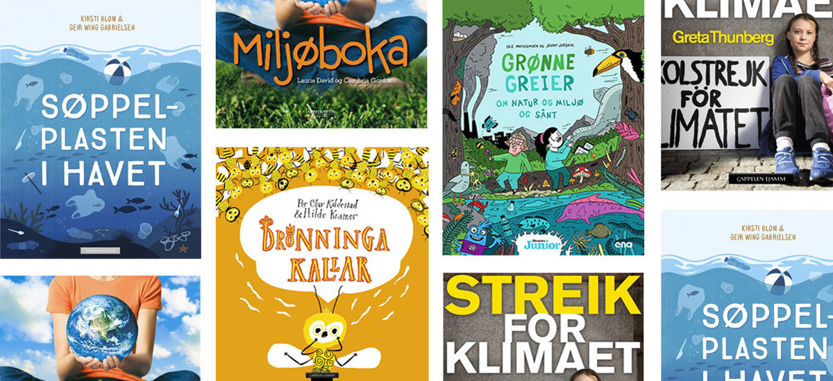 Kollasj med miljøbøker for barn