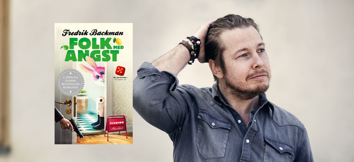 Fotocollage av forfatter Fredrik Backman og boka hans "Folk med angst"