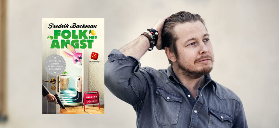 Fotocollage av forfatter Fredrik Backman og boka hans "Folk med angst"