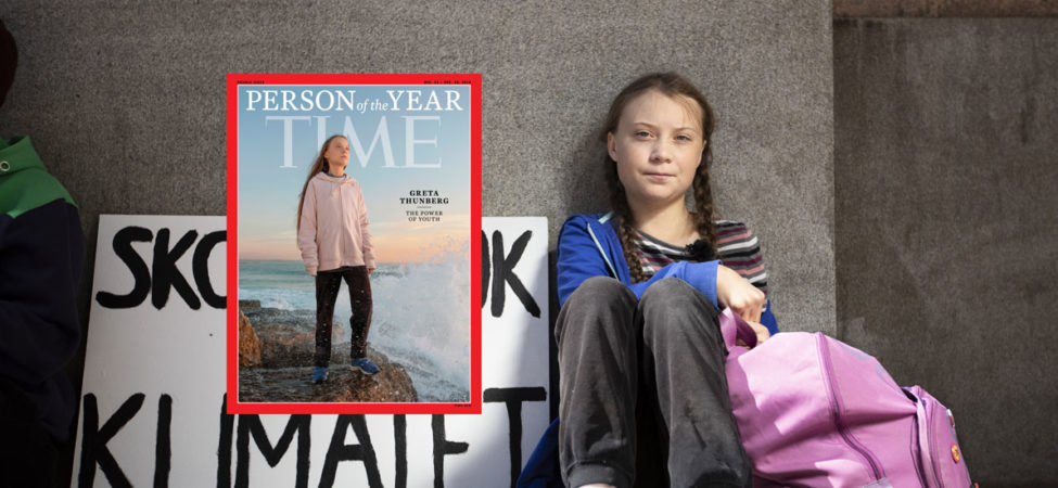Portrett av Greta Thunberg med TIME omslag