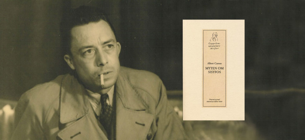 Albert Camus med omslag til Myten om Sisyfos