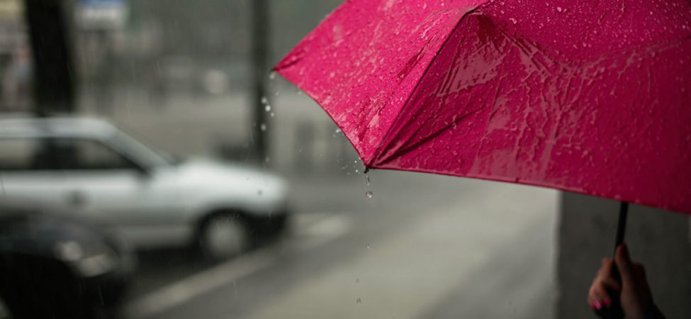 Rosa paraply i regnet