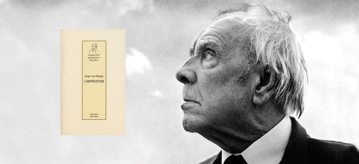 Portrett av Jorge Luis Borges med omslag til boka Labyrinter