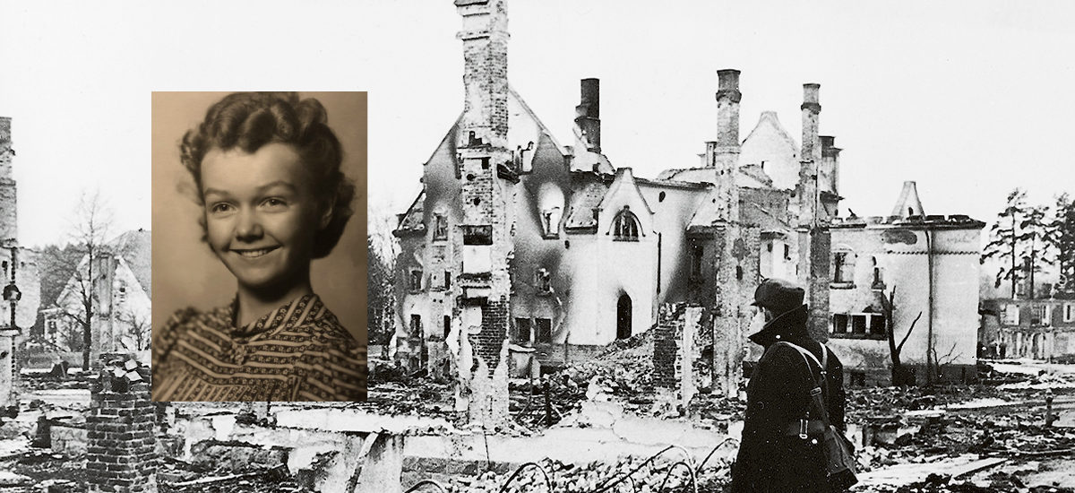 Fotokollasj av Ingeborg Krog og et bombet hus i Elverum