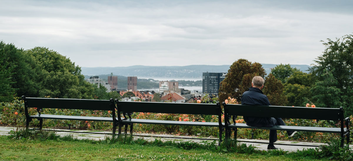 Mann sitter på benk på St. Hanshaugen i Oslo og ser utover byen