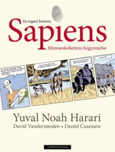 Omslag for Sapiens i tegnet utgave av Yuval Noah Harari