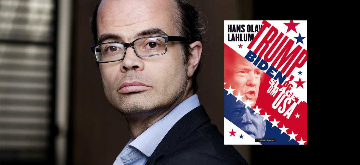 Portrett av Hans Olav Lahlum med omslaget til «Trump, Biden og slaget om USA»