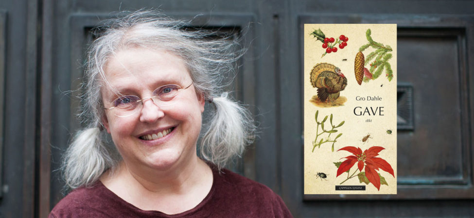 Fotocollage av Gro Dahle og omslaget til boka hennes "Gave"