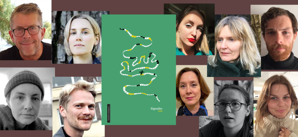 Collage av omslaget til debutantantologien "Signaler 2020" med foto av alle bidragsyterne