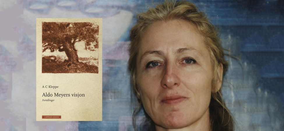Collage av et forfatterportrett av A C Kleppe og boka hennes "Aldo Meyers visjon"