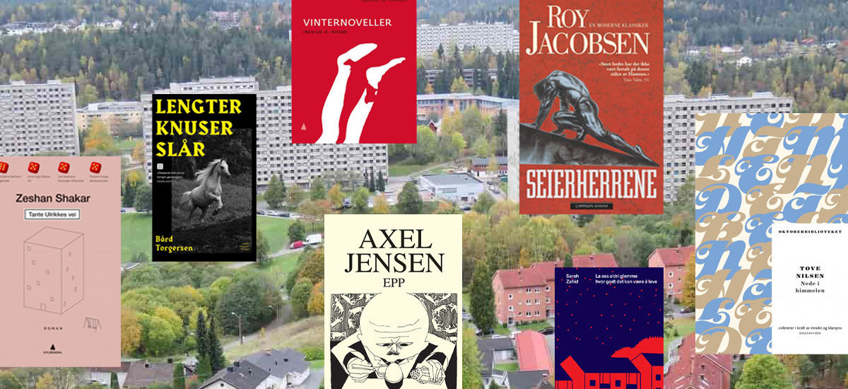 Collage sammensatt av foto av AMmerudblokkene i Oslo og omslag til syv bøker som handler om drabantbyliv.