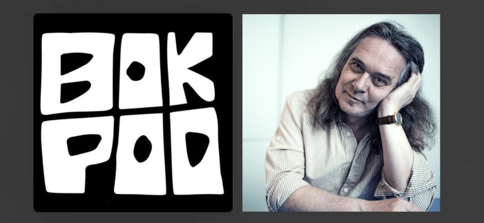 Collage med BokPod-logoen og foto av Ingvar Ambjørnsen