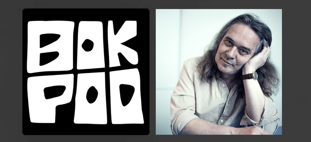 Collage med BokPod-logoen og foto av Ingvar Ambjørnsen