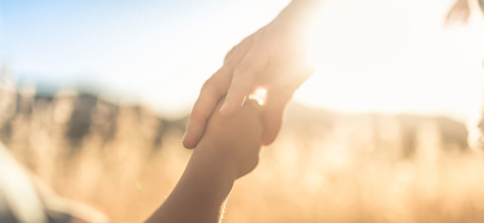 Foto av en voksen hånd som holder en barnehånd ute på en åker i solskinn.