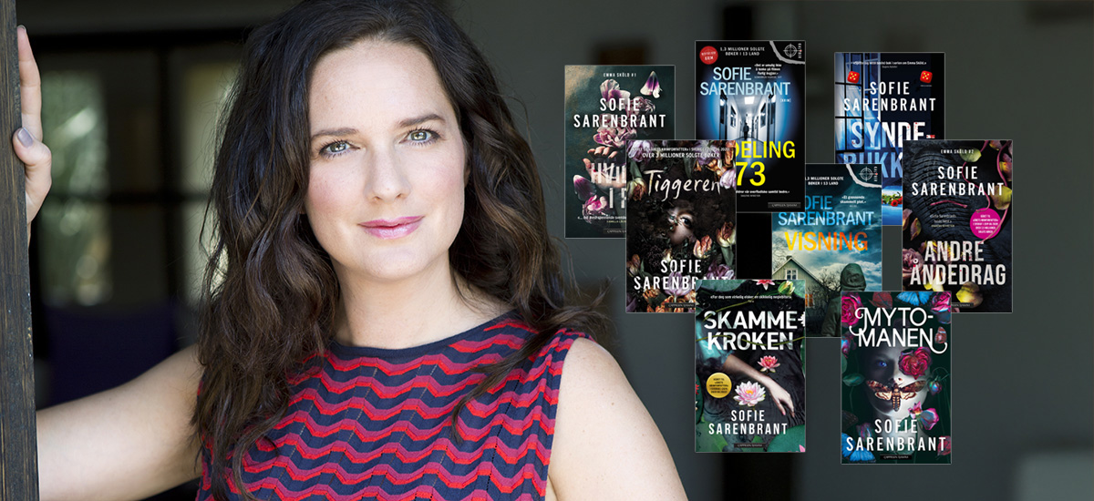 Foto av forfatter Sofie Sarenbrant med omslagene til alle de åtte bøkene i hennes krimserie om Emma Sköld lagt oppå.