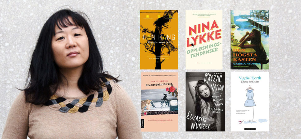 Collage bestående av foto av forfatter Synne Sun Løes og omslaget til seks bøker hun har anbefalt