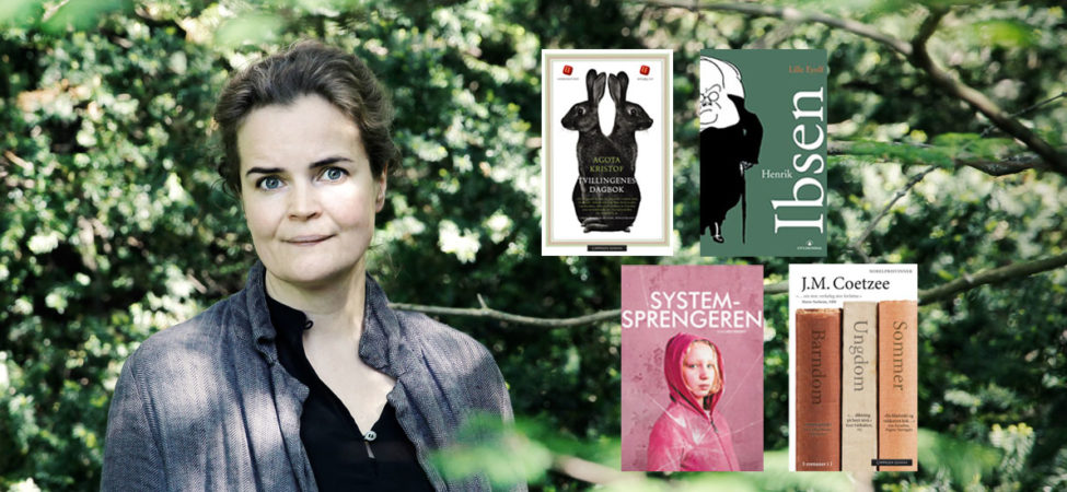 Collage av portrettfoto av forfatter Liv Mossige og fire bokomslag