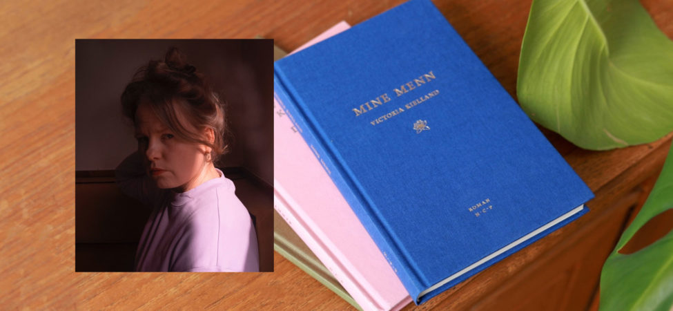 Collage av foto av Victoria Kielland og de tre bøkene hennes "I lyngen", "Dammyr" og "Mine menn".