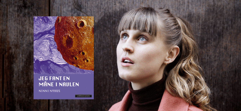 Collage av portrett av forfatter og kunstner Ninni Nyhus og omslaget til boka hennes "Jeg fant en måne i navlen"