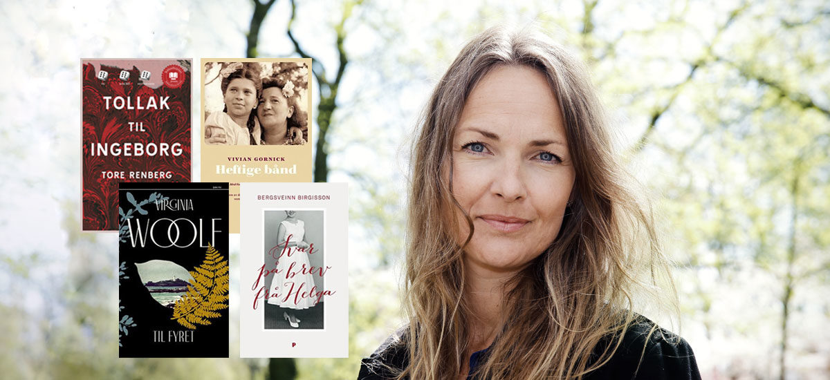 Collage med forfatter Emely Benedicte Kahrs og omslaget til fire bøker