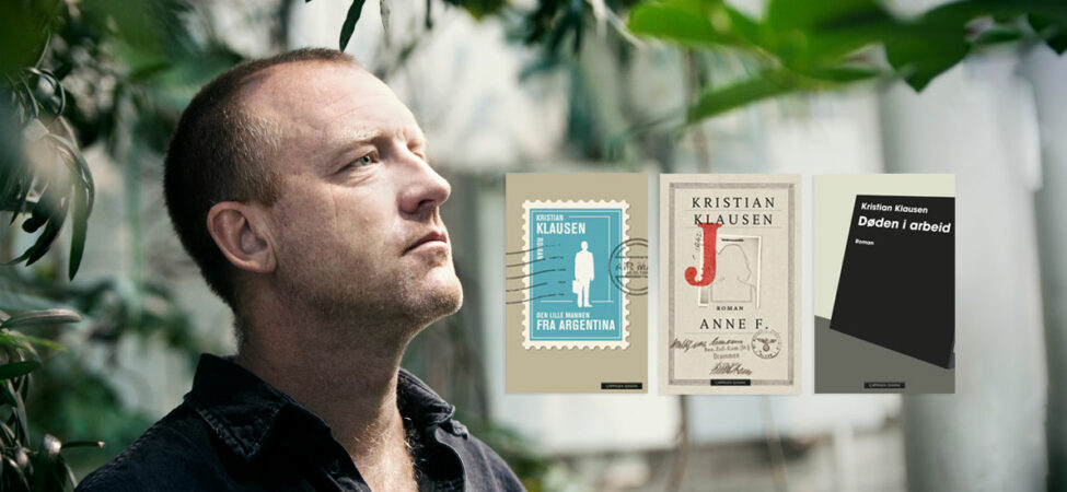 Collage av foto av forfatter Klausen med omslagene på hans tre kontrafaktiske romaner "Den lille mannen fra Argentina", "Anne F." og "Døden i arbeid"