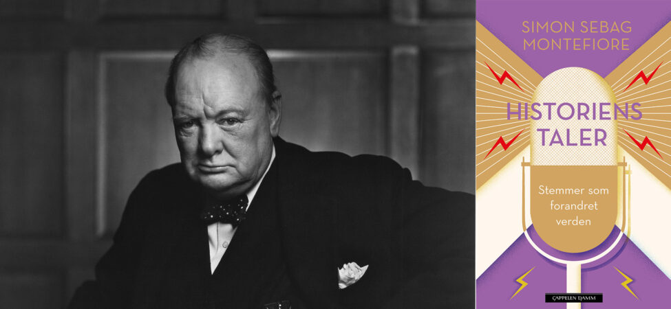 Foto av Winston Churchill med omslag av "Historiens Taler"