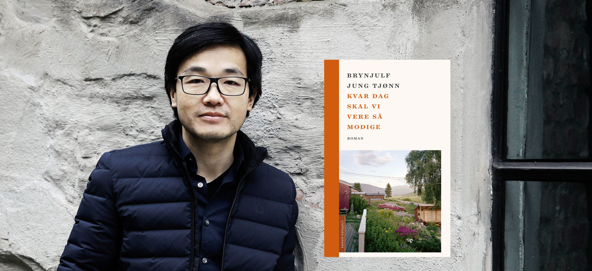 Collage av foto av forfatter Brynjulf Jung Tjønn med omslaget til boka hans "Kvar dag skal vi vere så modige"