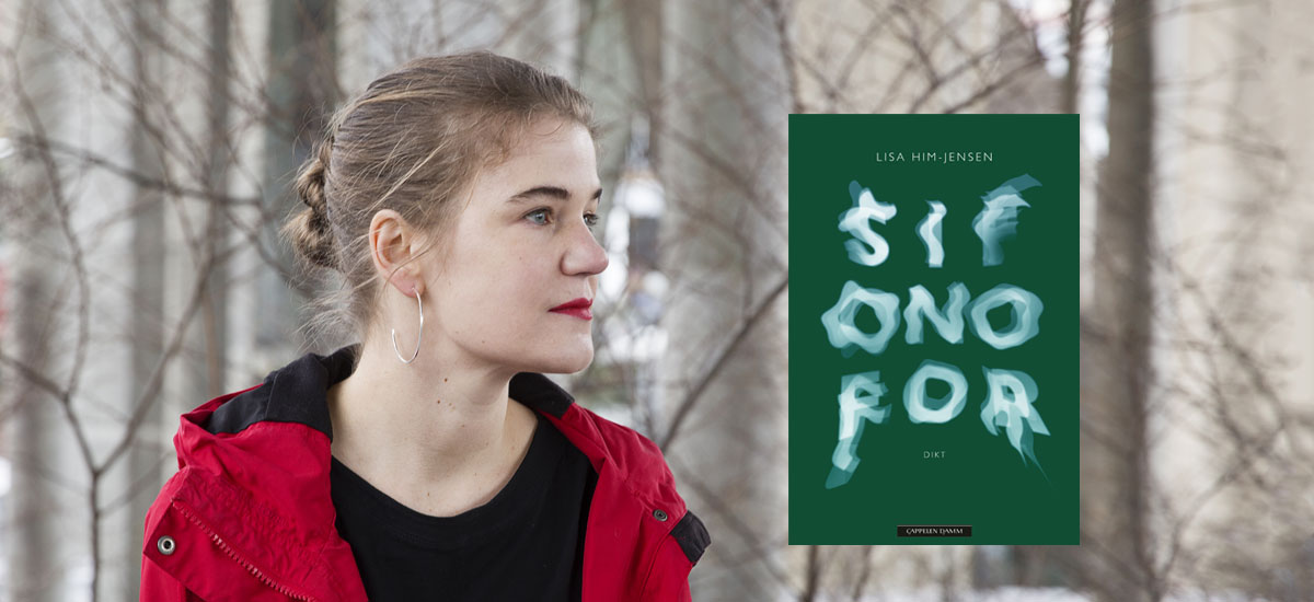 Collage av foto av Lisa Him-Jensen sammen med omslaget av boka hennes "Sifonofor"