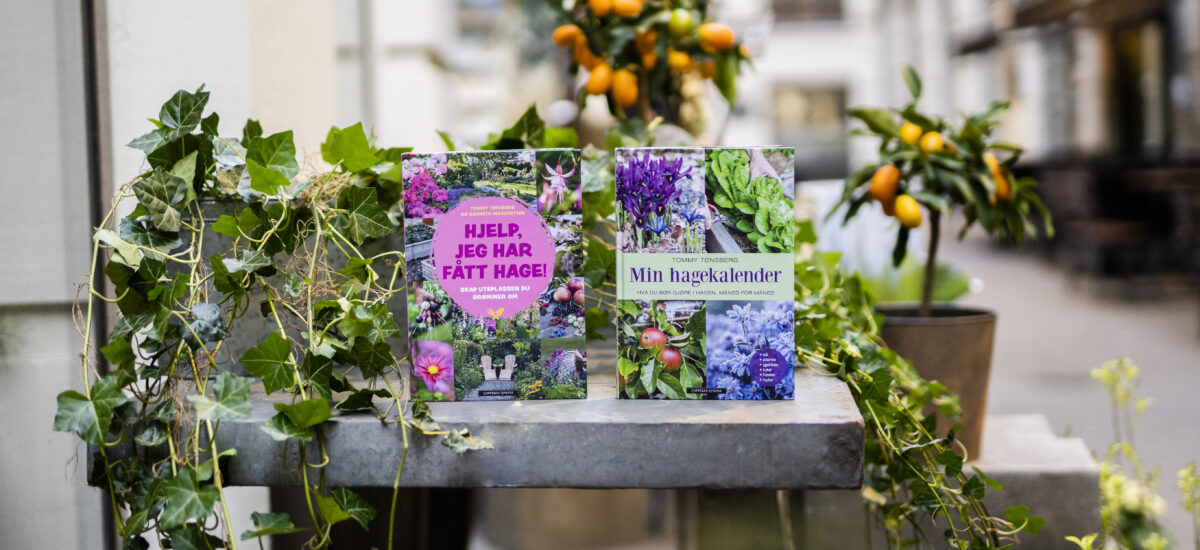 Foto av bøkene «Min hagekalender» og «Hjelp, jeg har fått hage» av Tommy Tønsberg og Kenneth Ingebretsen