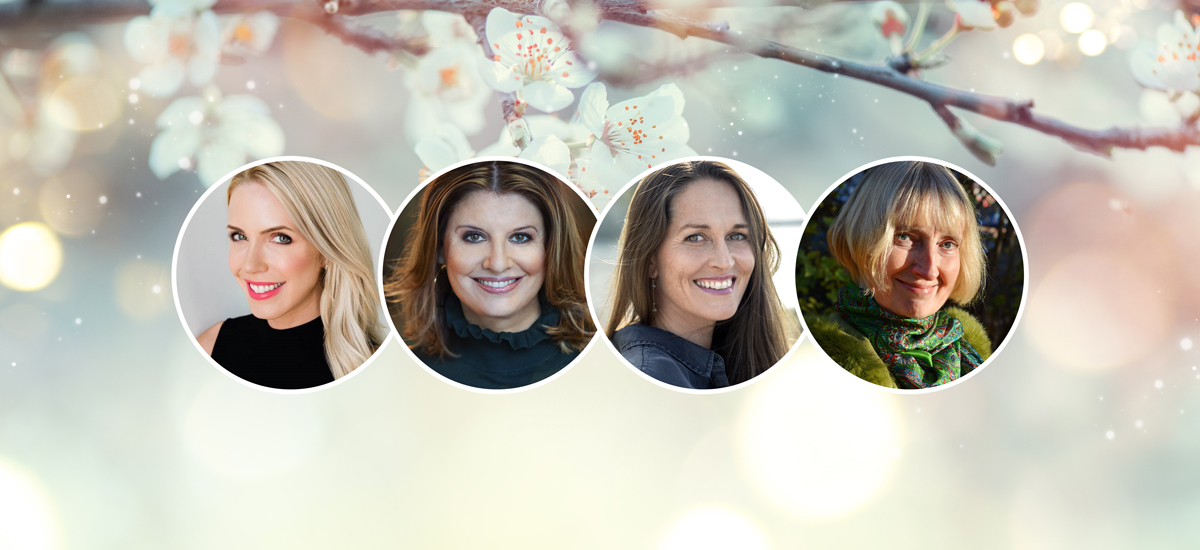 Collage med foto av forfatterne Sarah Jio, Simona Ahrnstedt, Jorid Mathiassen og Sofia Lundberg på en bakgrunn av blomstrende frukttre.