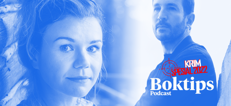 Foto av Romy Hausmann og Alex Michaelides med logo til Boktips Podcast Krimspesial 2022