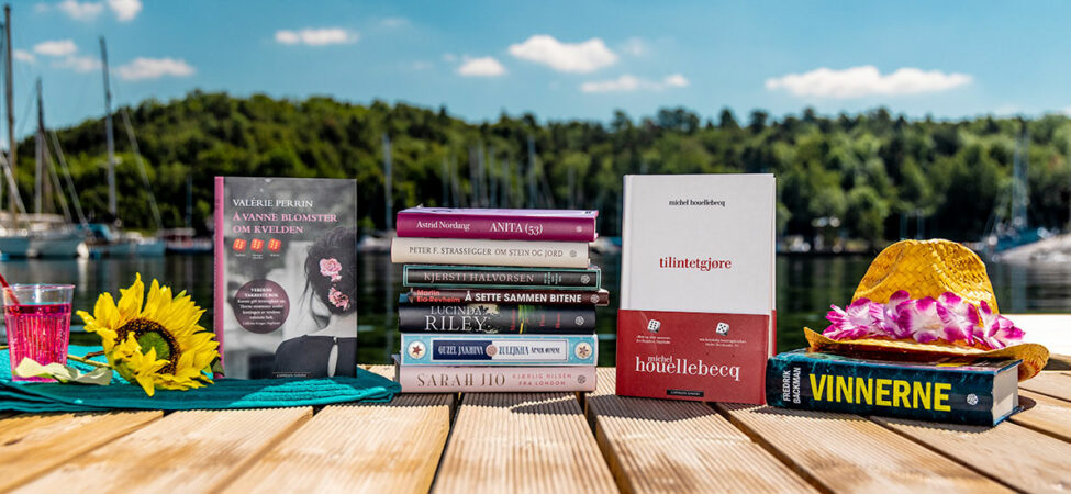 Foto av sommerens beste romaner 2022. Bøker på en brygge.