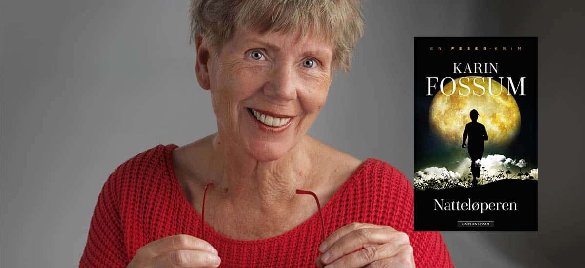 Foto av Karin Fossum med omslaget til «Natteløperen»