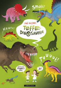 Illustrasjoner av syv dinosaurer og to barn