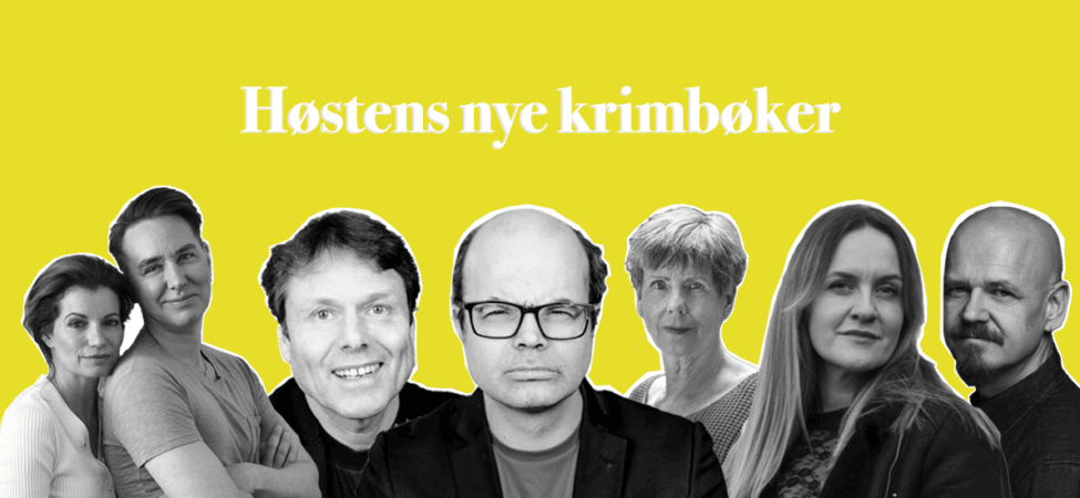 Fotokollasj av Lars Kepler, Torkil Damhaug, Hans Olav Lahlum, Karin Fossum, Hanne Gellein og Kim Leine med teksten «Høstens nye krimbøker»