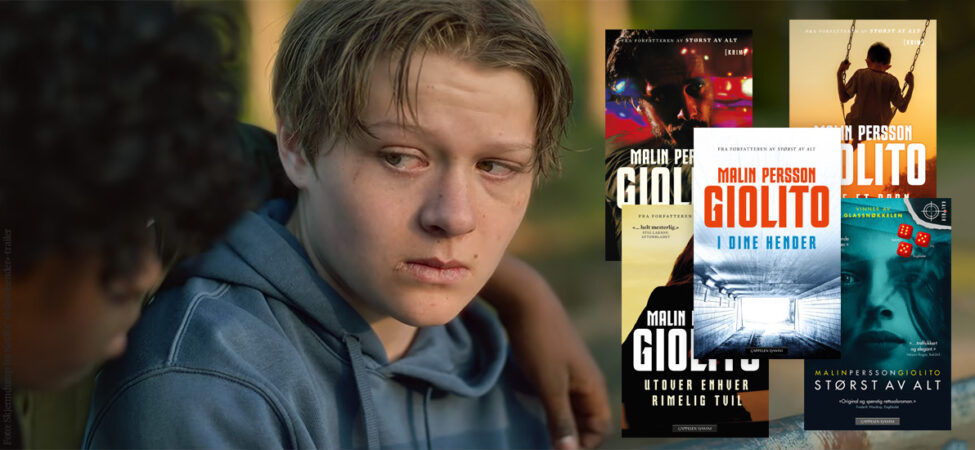 Skjermdump fra traileren til Netflix-serien "I dine hender" med bokomslag til Malin Persson Giolitos bøker lagt oppå