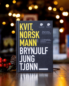 Foto av diktsamlingen "Kvit, norsk mann" foran juletre