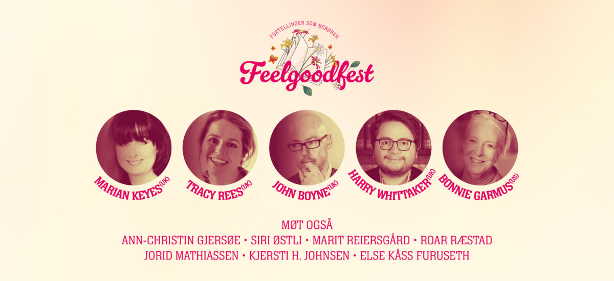 Plakat til Feelgoodfest med logo, forfatterportretter, lineup