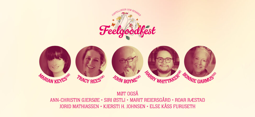 Plakat til Feelgoodfest med logo, forfatterportretter, lineup