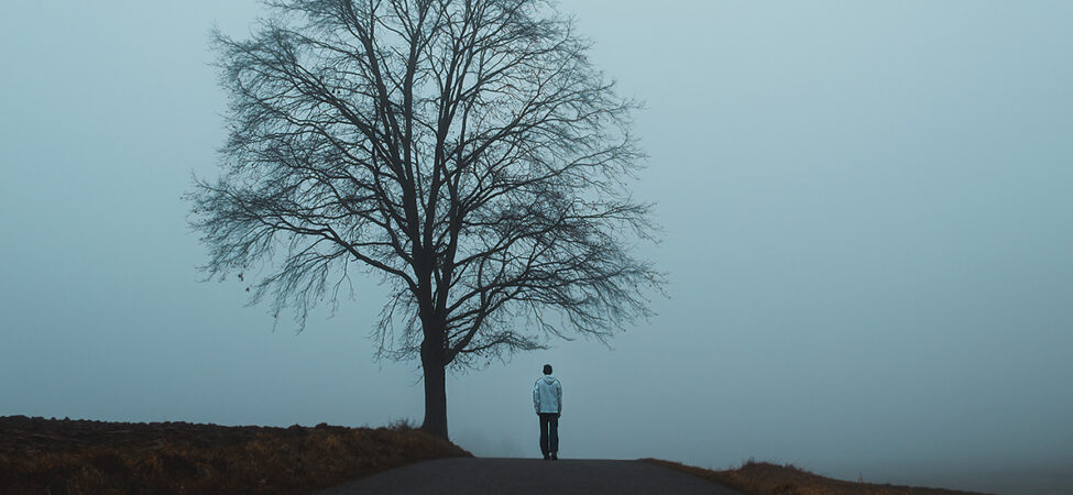 Foto av ensom mann i tåke under et tre
