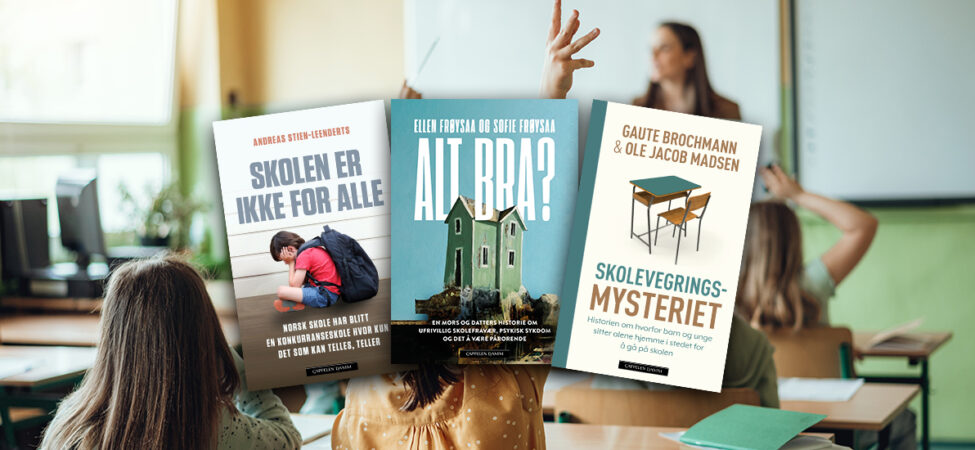 Foto av klasserom med omslag til Alt bra?, Skolen er ikke for alle og Skolevegringsmysteriet