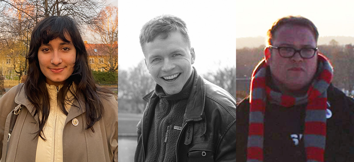 Collage av tre forfatterportretter, bidragsytere til Signaler 2023