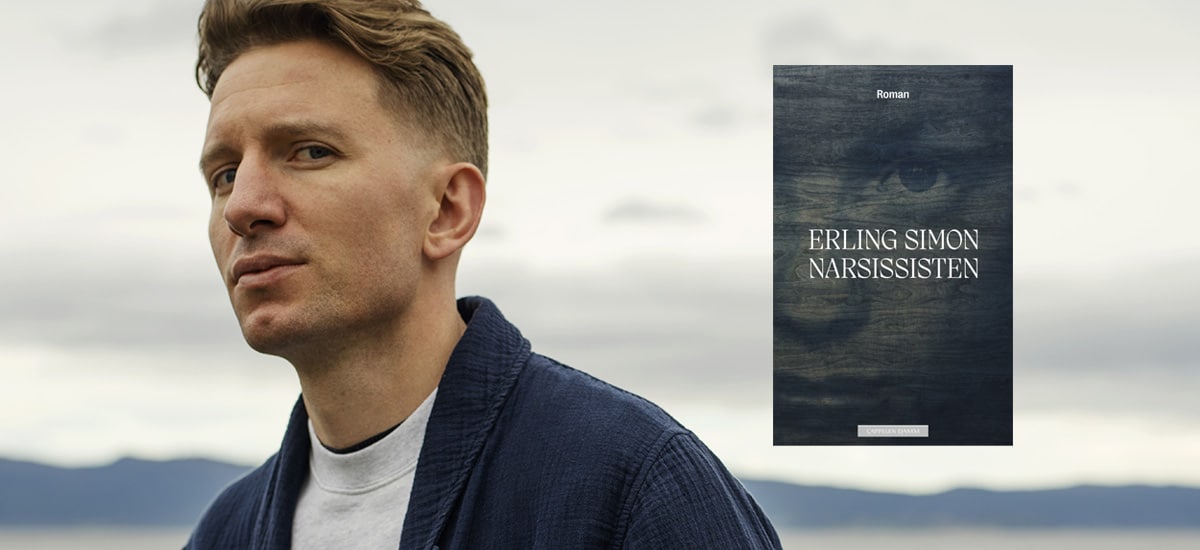 Omslaget til boka "Narsissisten" lagt oppå foto av forfatter Erling Simon. Himmel og hav i bakgrunnen.