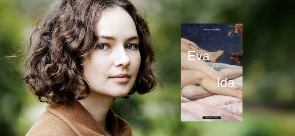 Omslaget til boka "Eva/Ida" lagt oppå foto av forfatter Nadine Mackell ut ei en park