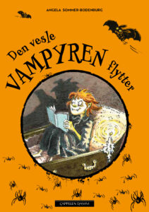 Bokomslag med illustrasjon av en liten vampyr som leser bok i kista